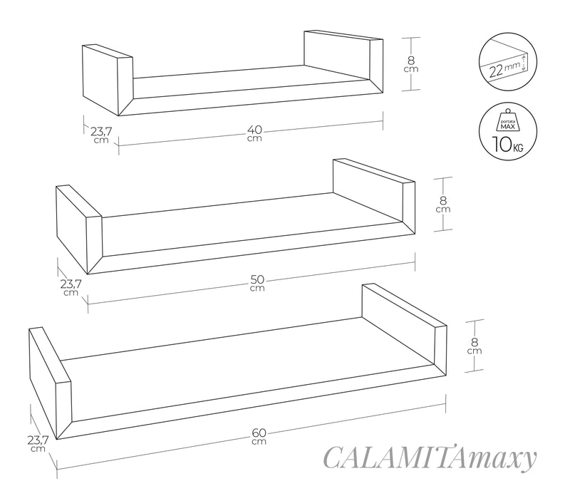 Set 3 Mensole da Parete 60-50-40x23,7x8 cm in Fibra di Legno Calamita Maxi  Ciliegio-5