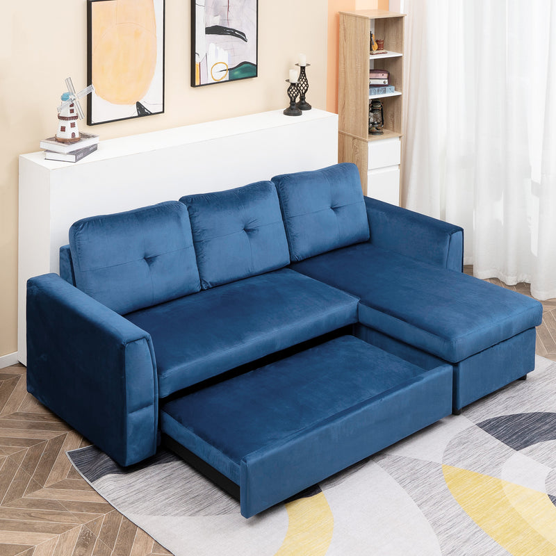 Divano Letto 3 Posti con Chaise Longue Contenitore 232x141x85 cm in Tessuto Effetto Lino Blu-9