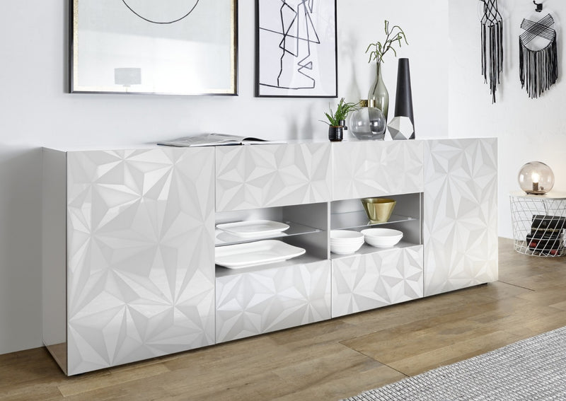 Mobile Buffet 2 Ante 4 Cassetti 240x42x84 cm in Legno TFT Praga Bianco Lucido-2