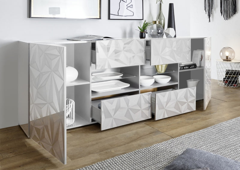 Mobile Buffet 2 Ante 4 Cassetti 240x42x84 cm in Legno TFT Praga Bianco Lucido-3