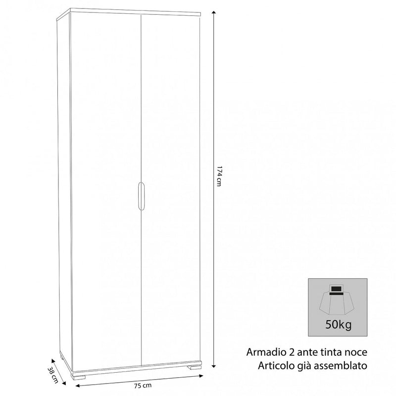 Armadio 2 Ante 75x38x174 h cm in Truciolare bilaminato Bianco-3