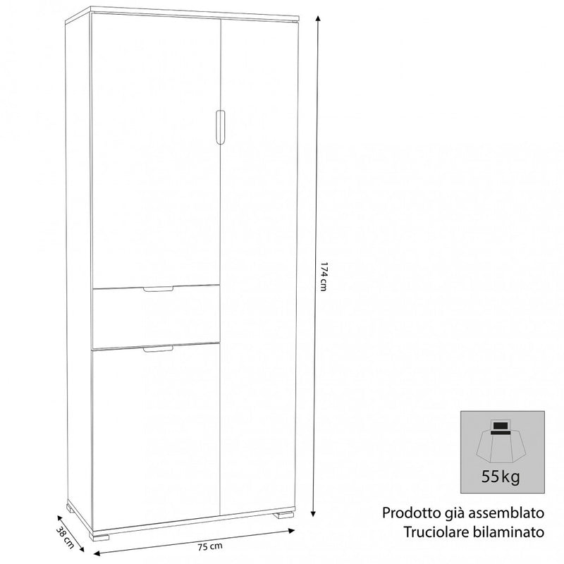 Armadio 3 Ante 1 Cassetto 75x38x174 h cm in Truciolare bilaminato Marrone chiaro-4