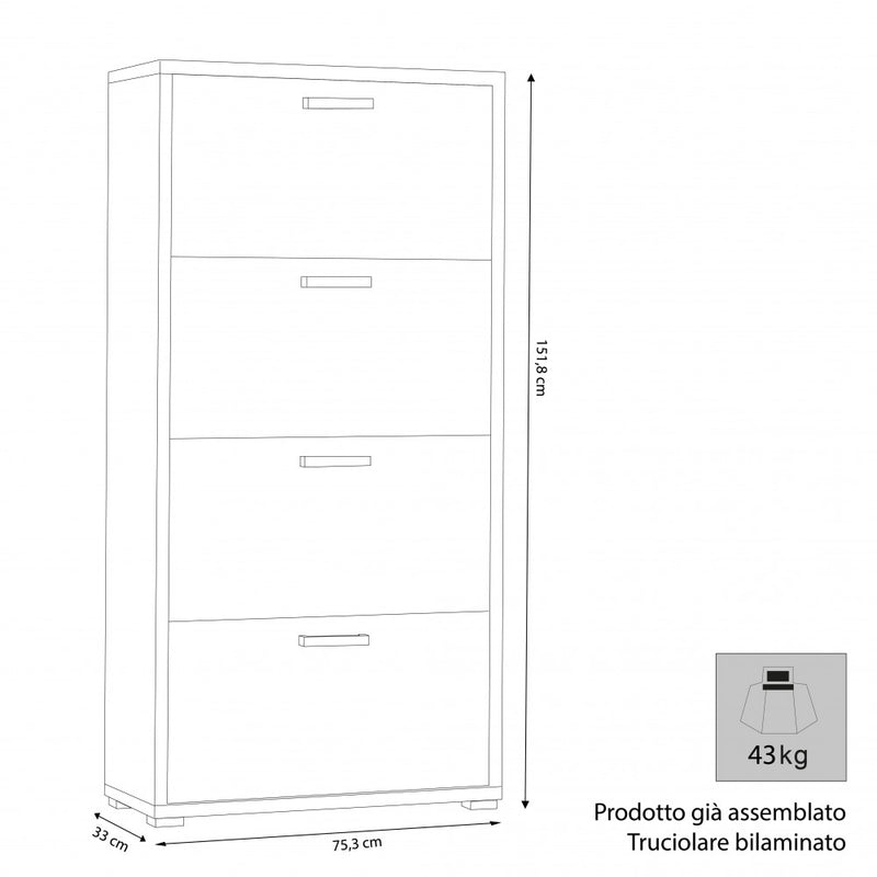 Scarpiera 4 Ante a Ribalta 75,3x33x151,8 h cm in Truciolare bilaminato Bianco Cemento-3