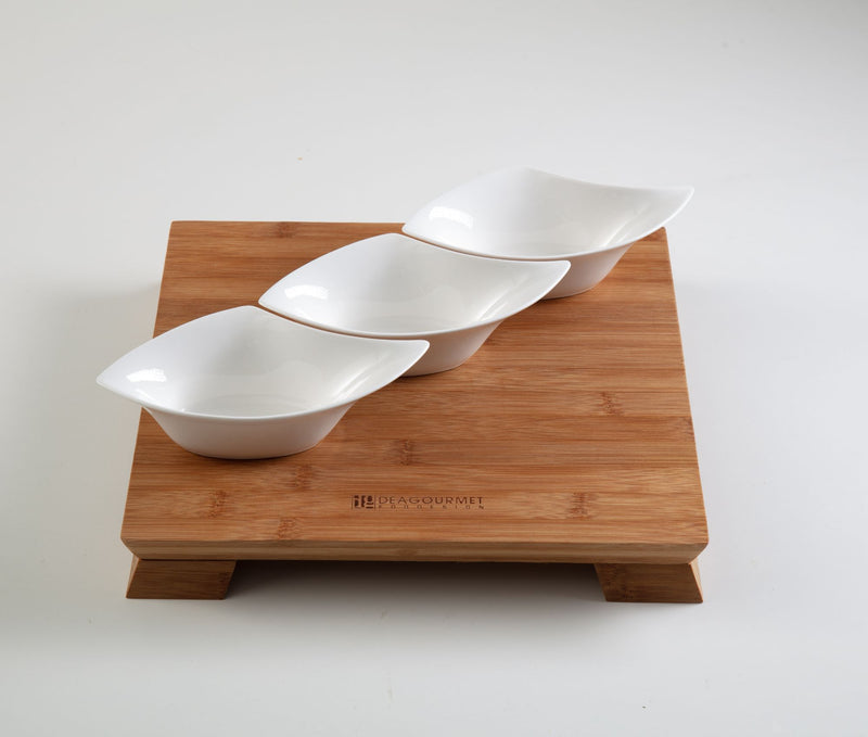 Kit Aperitivo Tagliere Legno Scuro 29x29x4 cm con 3 Bowl in Porcellana-2