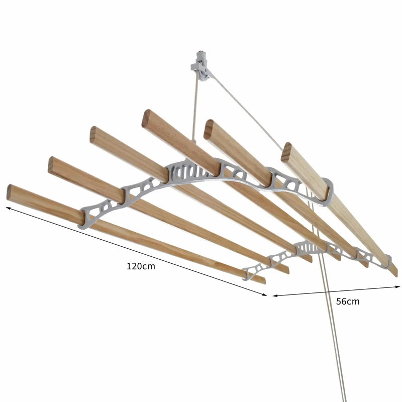 Stendibiancheria da Soffitto 6 Stecche 120x56x14 cm con Sistema di Carrucole in Legno e Corda-4