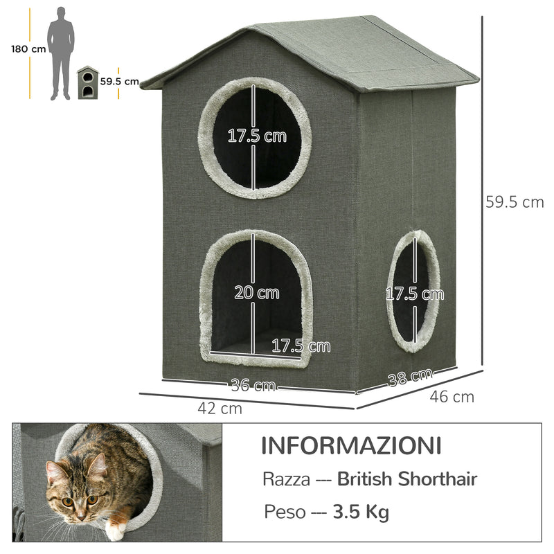 Casetta per Gatti a Due Livelli 42x46x59,5 cm 3 Entrate con Cuscini Verde-3