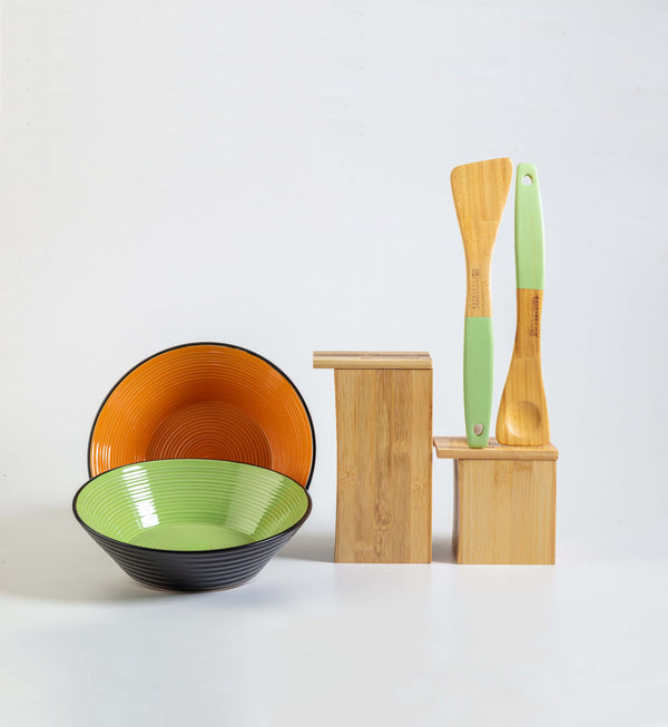 Set Cucina Verde Arancio e Legno 6 Pezzi prezzo