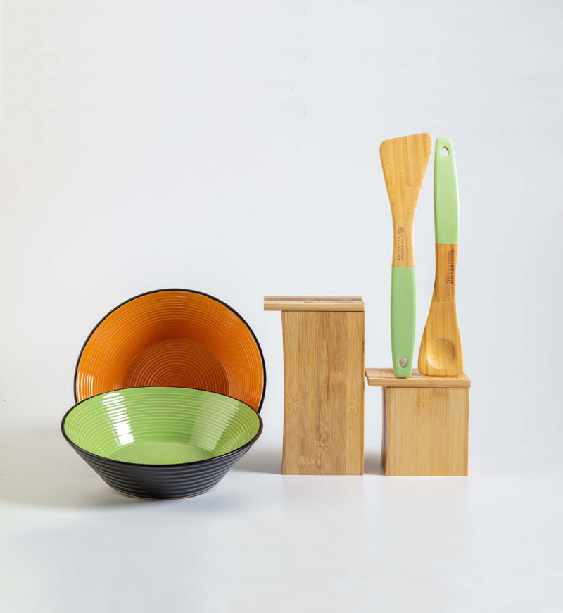 Set Cucina Verde Arancio e Legno 6 Pezzi-1