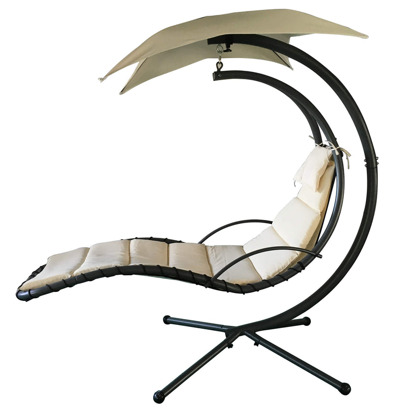 Sedia Dondolo Pensile Relax Chaise Longue 200x116x205 cm in Acciaio con Tettuccio Ecrù-1