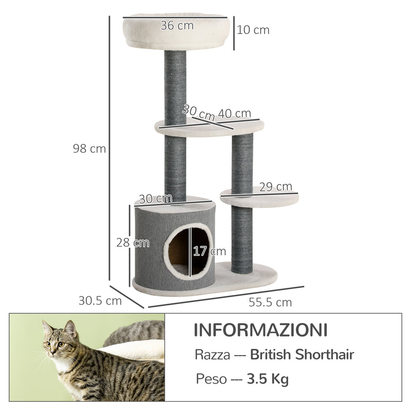 Albero Tiragraffi 55,5x30,5x98 cm con Letino e Casetta in Corda di Juta Grigio e Bianco-3