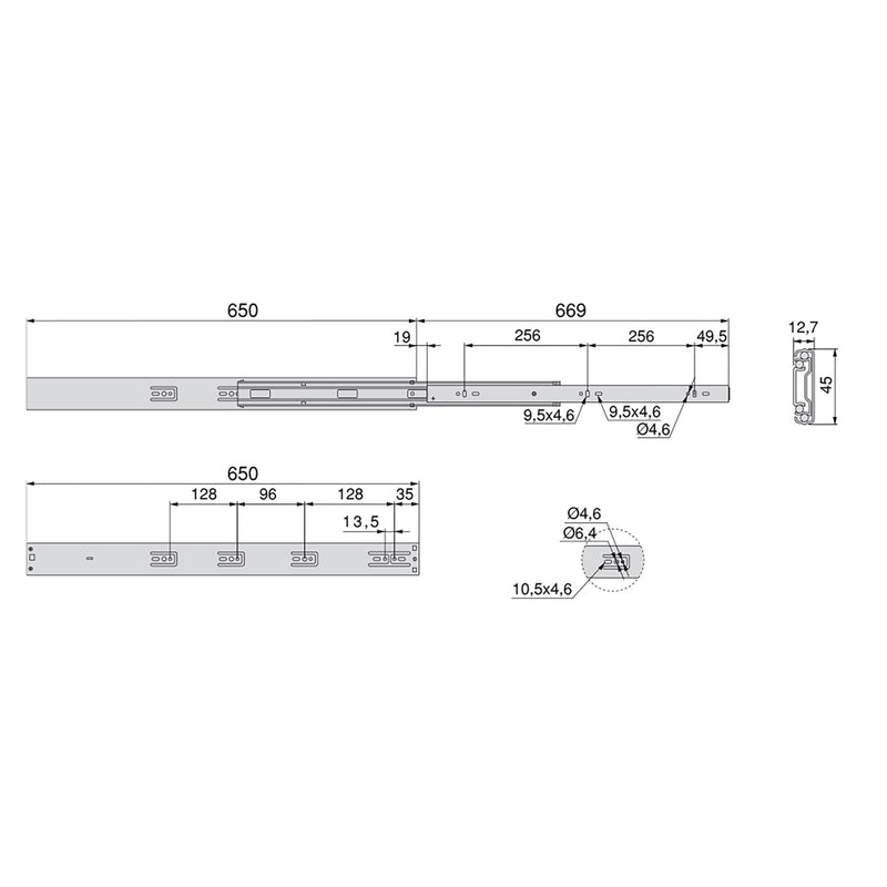 Kit Guide per Cassetti a Sfera 45 x 650 mm Estrazione Totale Chiusura Soft Zincato 5 Pezzi Emuca-2