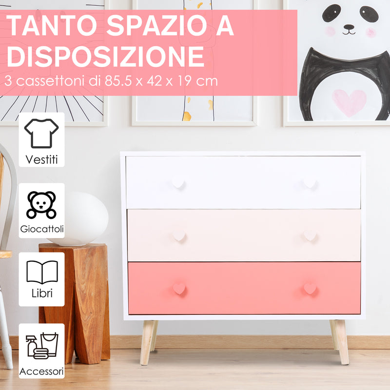 Cassettiera con 3 Cassetti in Legno di Pino 90x42x80 cm  Bianco e Rosa-5