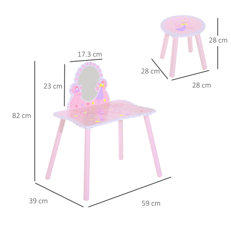 Specchiera Giocattolo per Bambini con Sgabello in Legno Rosa-3