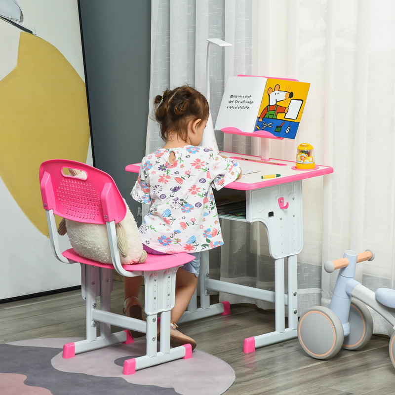 Banco Scuola con Sedia per Bambini con Lampada LED e Leggio Rosa-2