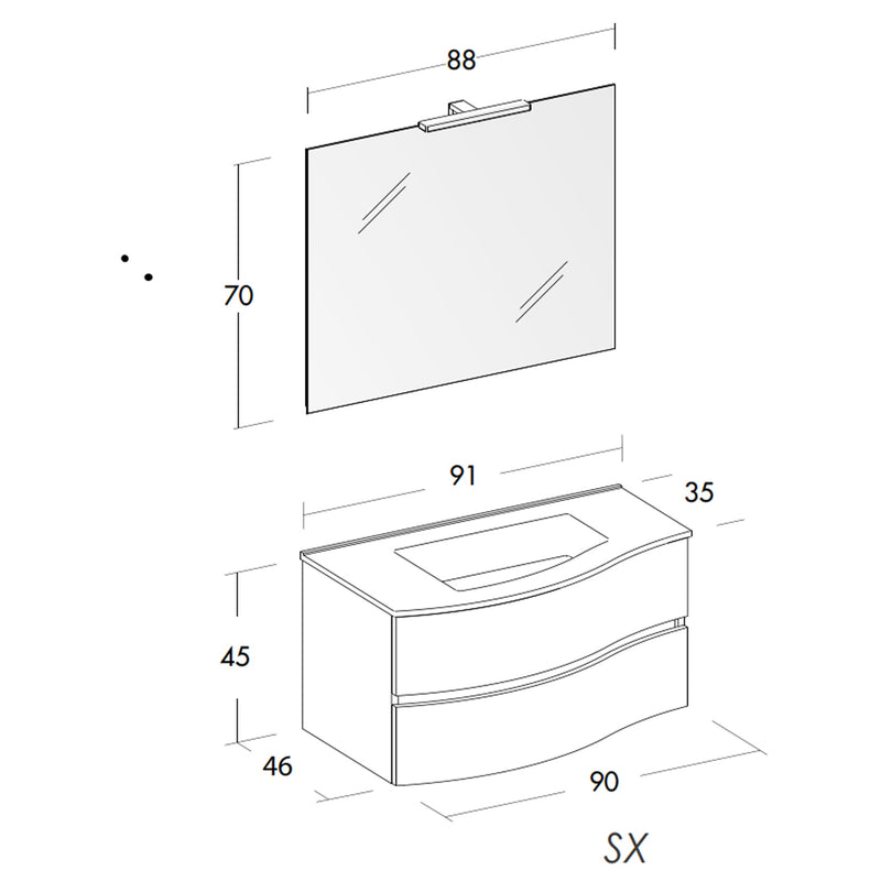 Mobile Bagno Sospeso 90 cm Lavabo Specchio e Doppio Cassettone Bonussi Toby SX Olmo Tierra-6