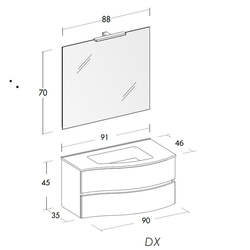 Mobile Bagno Sospeso 90 cm Lavabo Specchio e Doppio Cassettone Bonussi Toby DX Olmo Tierra-6