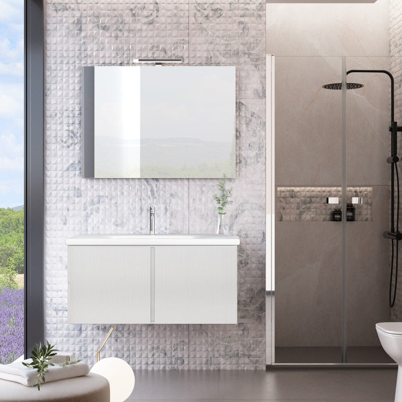 Mobile Bagno Sospeso 80 cm Lavabo e Specchio Bonussi Ansel Bianco Larice-3