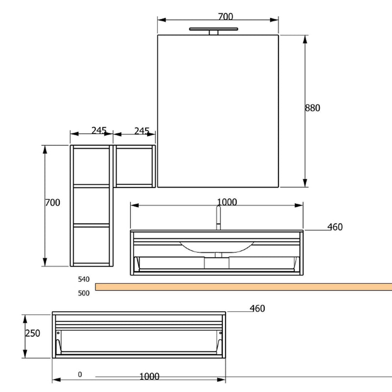 Mobile Bagno Sospeso 140-160 cm Lavabo Nero Specchio Pensile e Cassettone Bonussi Kelly Rovere Scuro-5