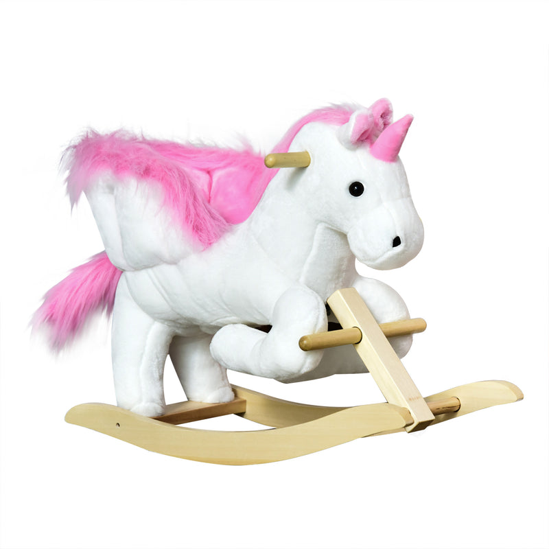 Cavallo a Dondolo Unicorno per Bambini in Legno e Peluche Unicorno Bianco-1