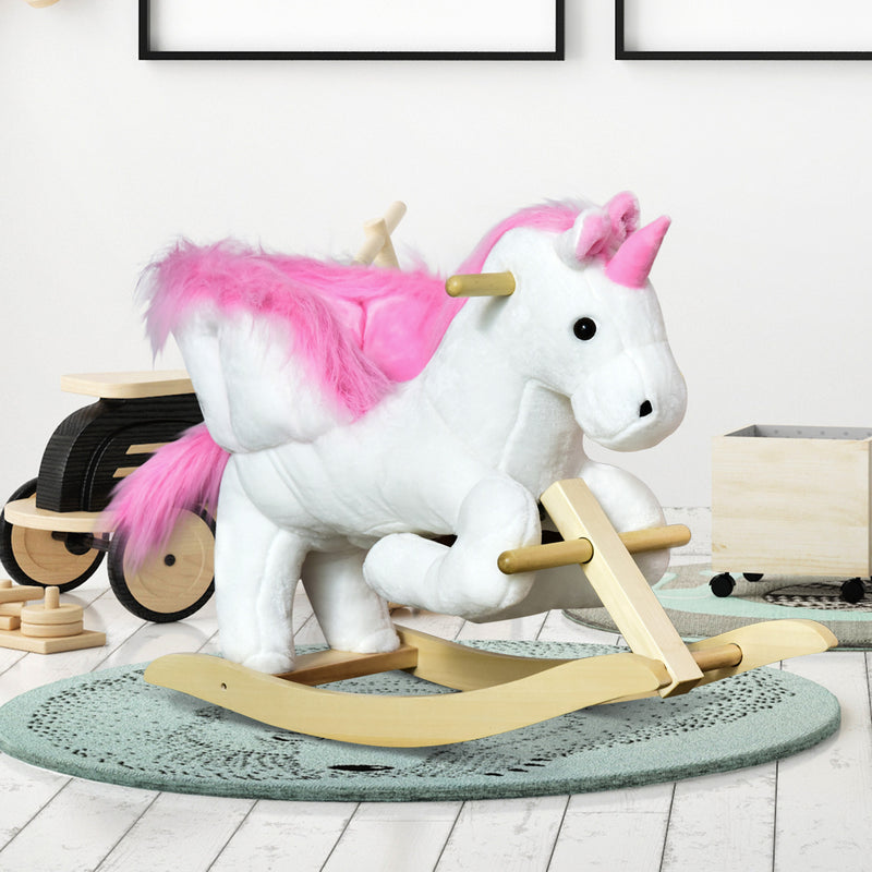 Cavallo a Dondolo Unicorno per Bambini in Legno e Peluche Unicorno Bianco-2