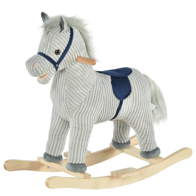 Cavallo a Dondolo per Bambini in Legno e Peluche Grigio-1