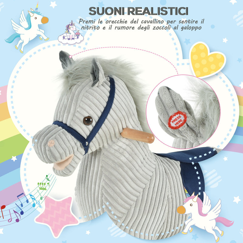 Cavallo a Dondolo per Bambini in Legno e Peluche Grigio-4