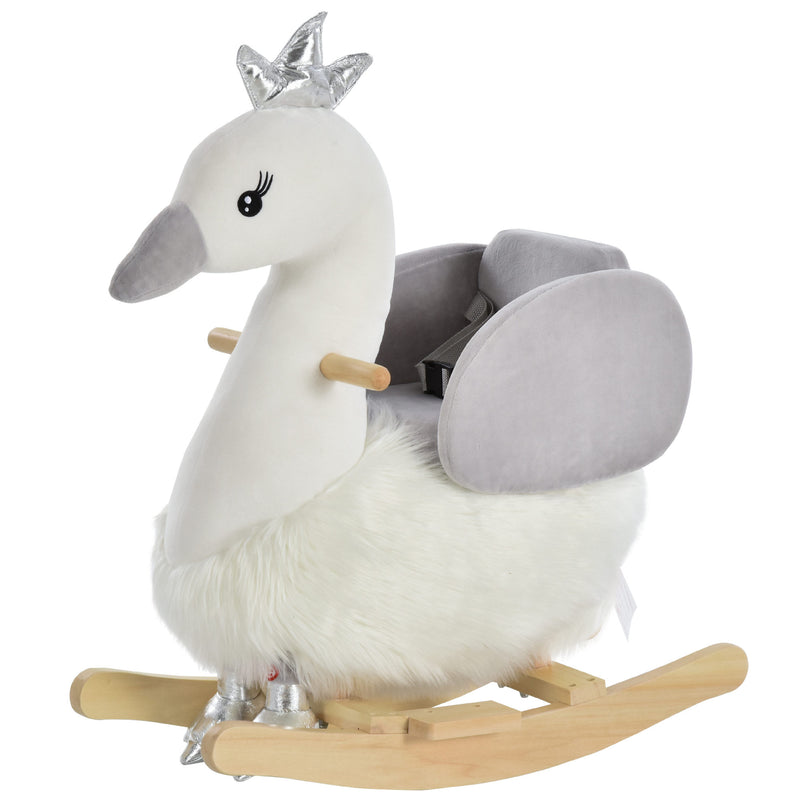 Dondolo per Bambini in Legno Cigno in Peluche   Bianco e Grigio-1