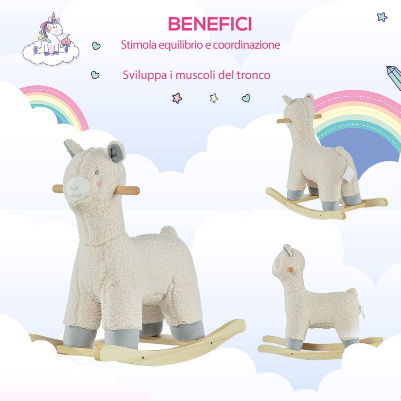 Cavallo a Dondolo per Bambini in Legno e Peluche Alpaca Crema-5