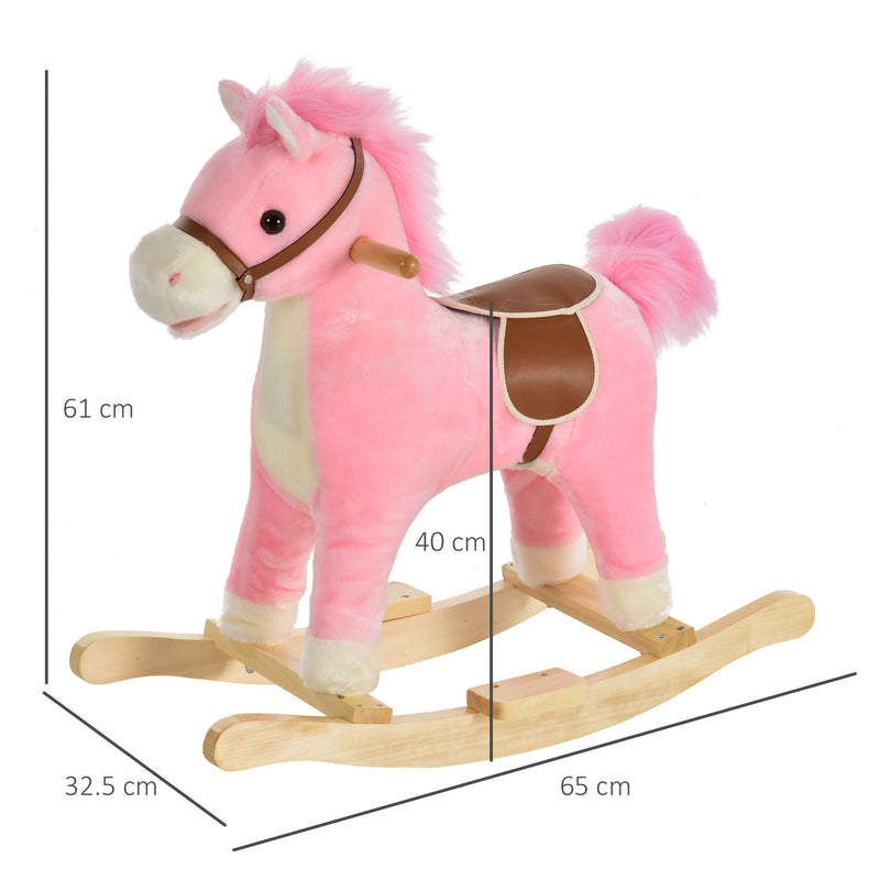 Cavallo a Dondolo per Bambini in Legno e Peluche Rosa-3