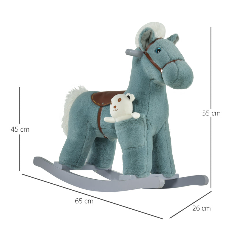 Cavallo a Dondolo in Peluche e Legno con Orsetto e Suoni Blu-3