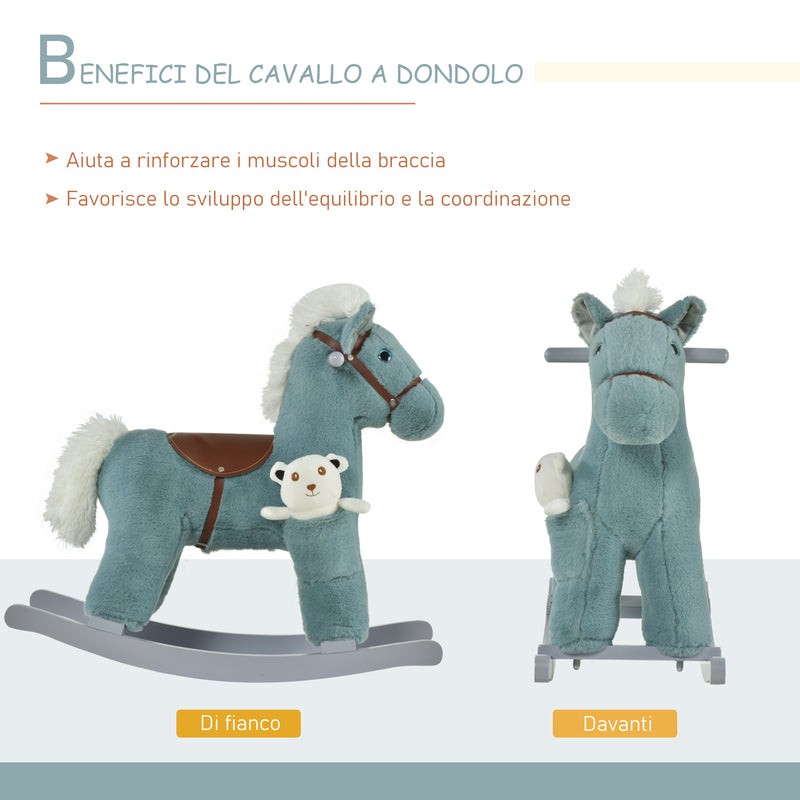 Cavallo a Dondolo in Peluche e Legno con Orsetto e Suoni Blu-4