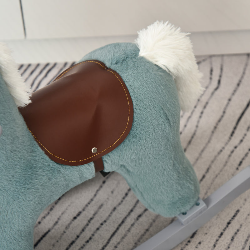 Cavallo a Dondolo in Peluche e Legno con Orsetto e Suoni Blu-9