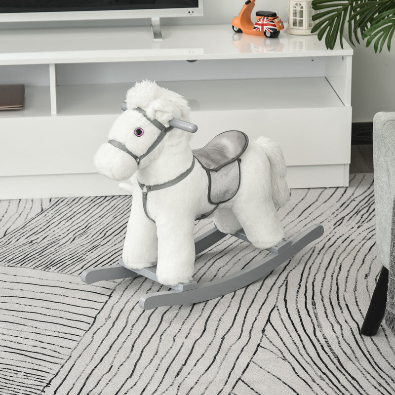 Cavallo a Dondolo in Peluche e Legno con Orsetto e Suoni Bianco-2