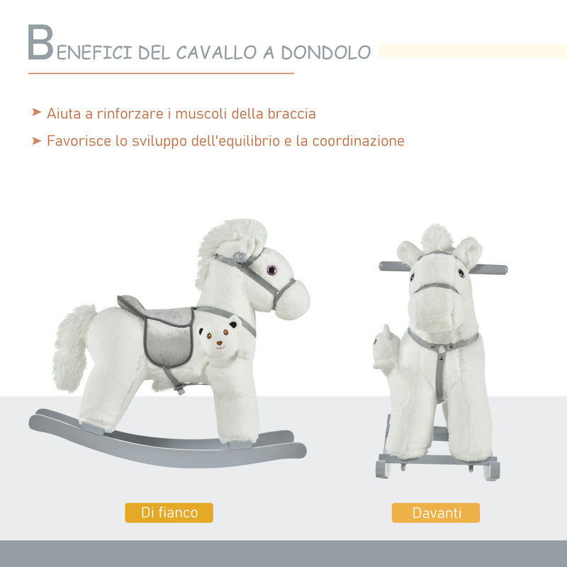 Cavallo a Dondolo in Peluche e Legno con Orsetto e Suoni Bianco-4