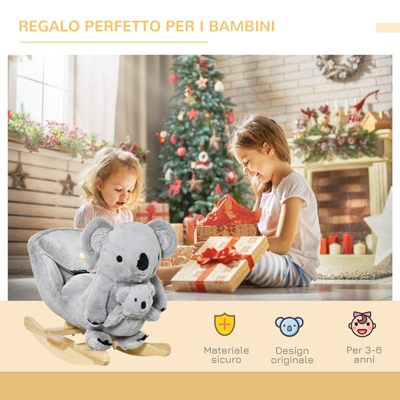 Cavallo a Dondolo per Bambini in Legno e Peluche Koala Grigio-6