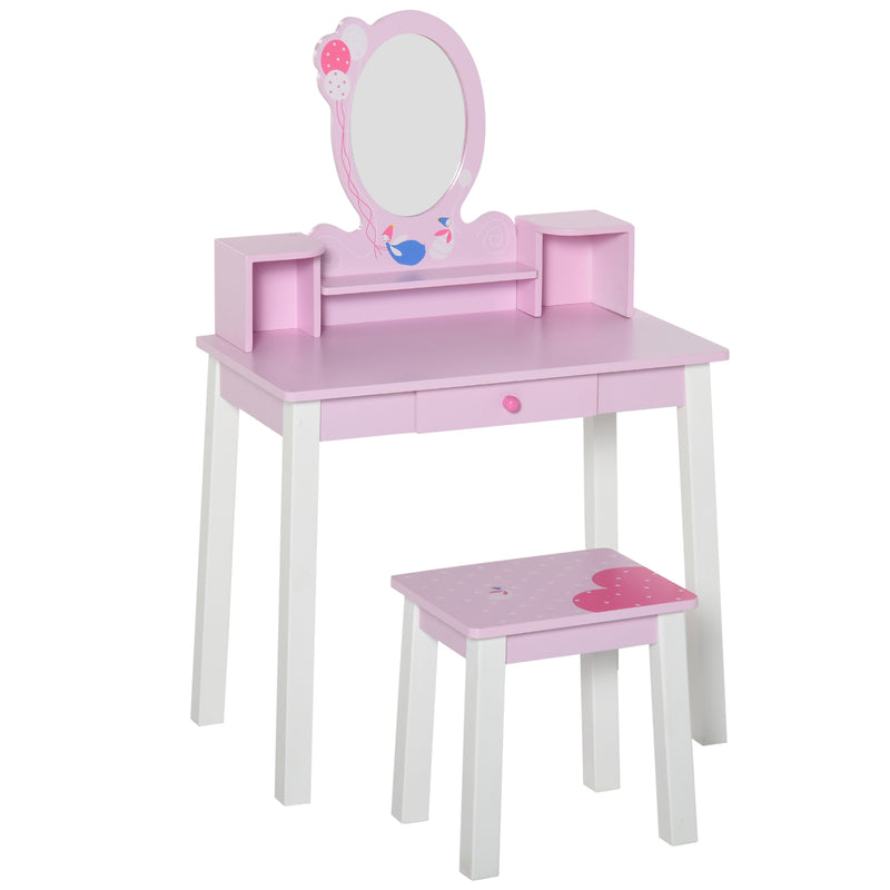 Specchiera Giocattolo per Bambini con Sgabello in Legno Rosa-1