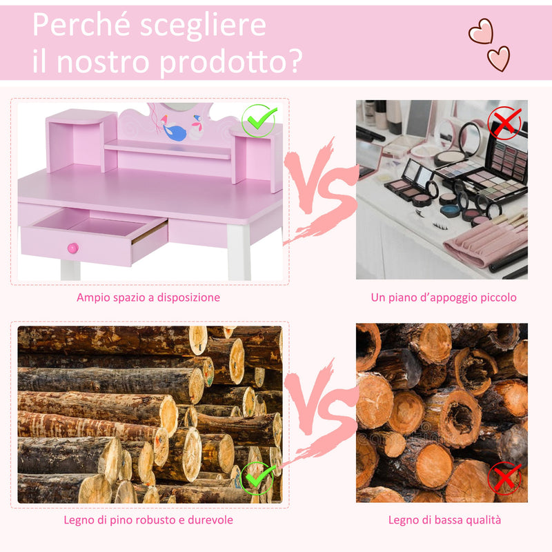 Specchiera Giocattolo per Bambini con Sgabello in Legno Rosa-8