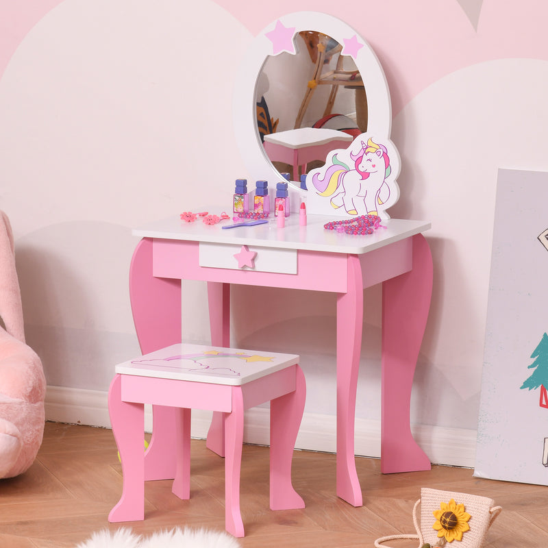 Specchiera Giocattolo per Bambini con Sgabello in MDF Rosa e Bianco-2