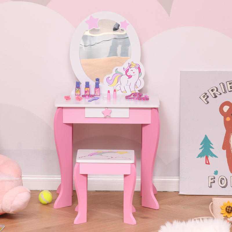 Specchiera Giocattolo per Bambini con Sgabello in MDF Rosa e Bianco-7