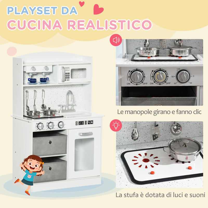 Cucina Giocattolo per Bambini 60,1x31,7x92,9 cm con Luci e Utensili in MDF e PP Bianca-4