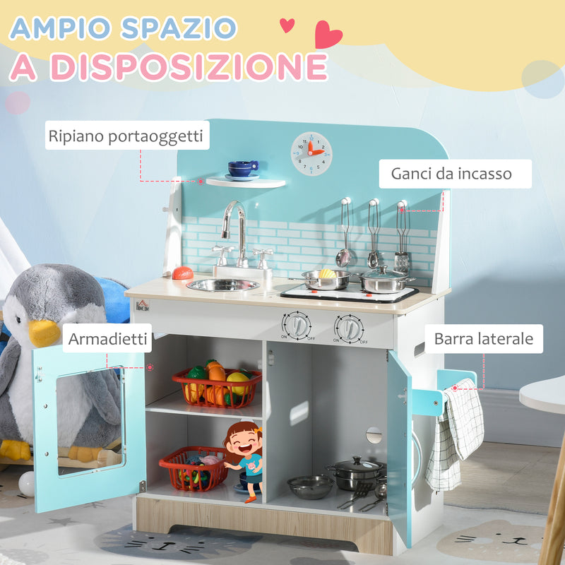 Cucina Giocattolo per Bambini 65x29x81 cm con Luci e Utensili in MDF e PP Azzurra-7