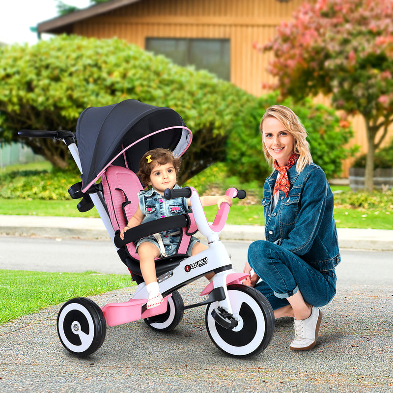 Passeggino Triciclo per Bambini con Maniglione Tettuccio e Cestino Rosa Chiaro -2