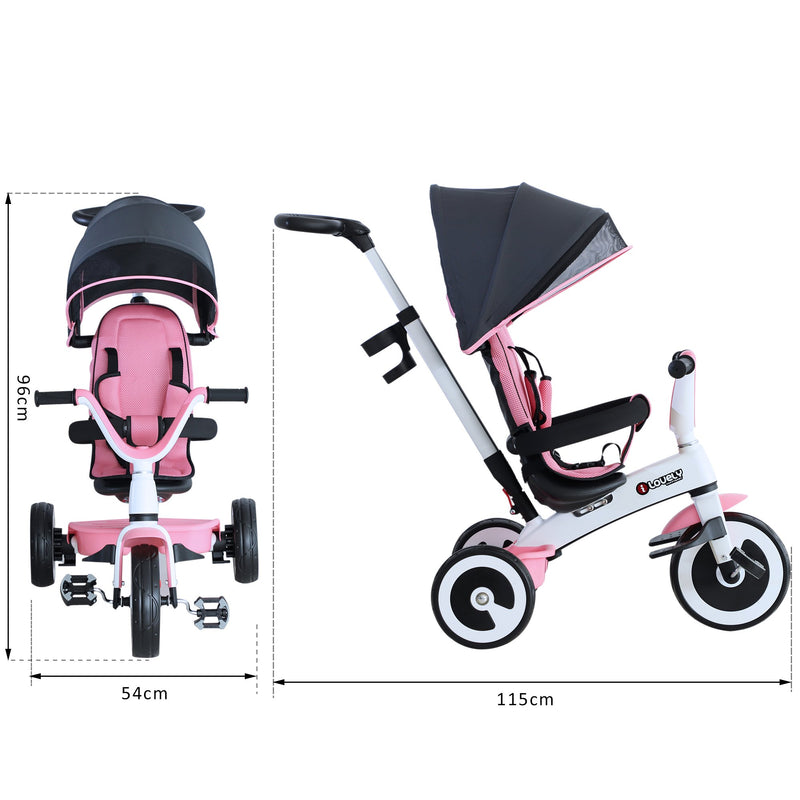 Passeggino Triciclo per Bambini con Maniglione Tettuccio e Cestino Rosa Chiaro -3