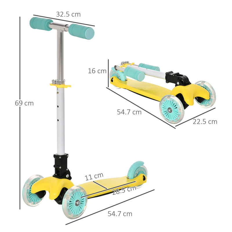 Monopattino Pieghevole 3 Ruote per Bambini 54,7x32,5x59-69 cm in Metallo e Alluminio Giallo e Verde-3