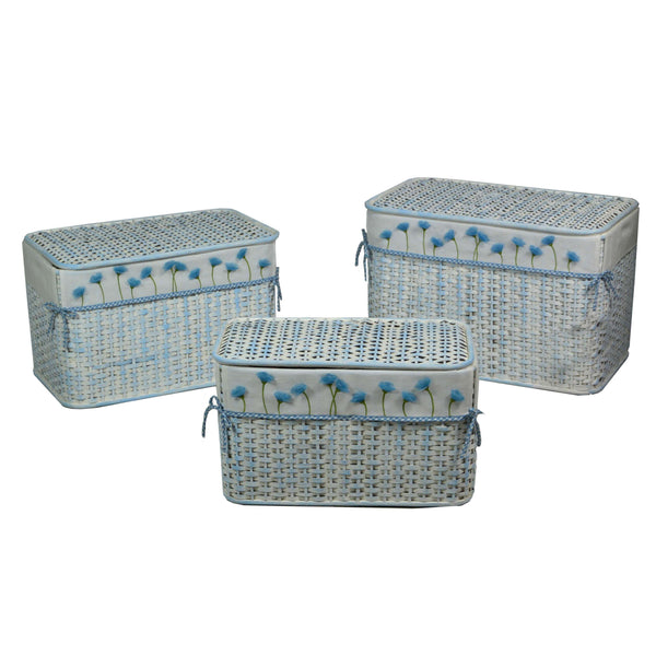 Set mit 3 Truhen aus hellblauem Rattan Andrea mit blauem Blumenfutter prezzo