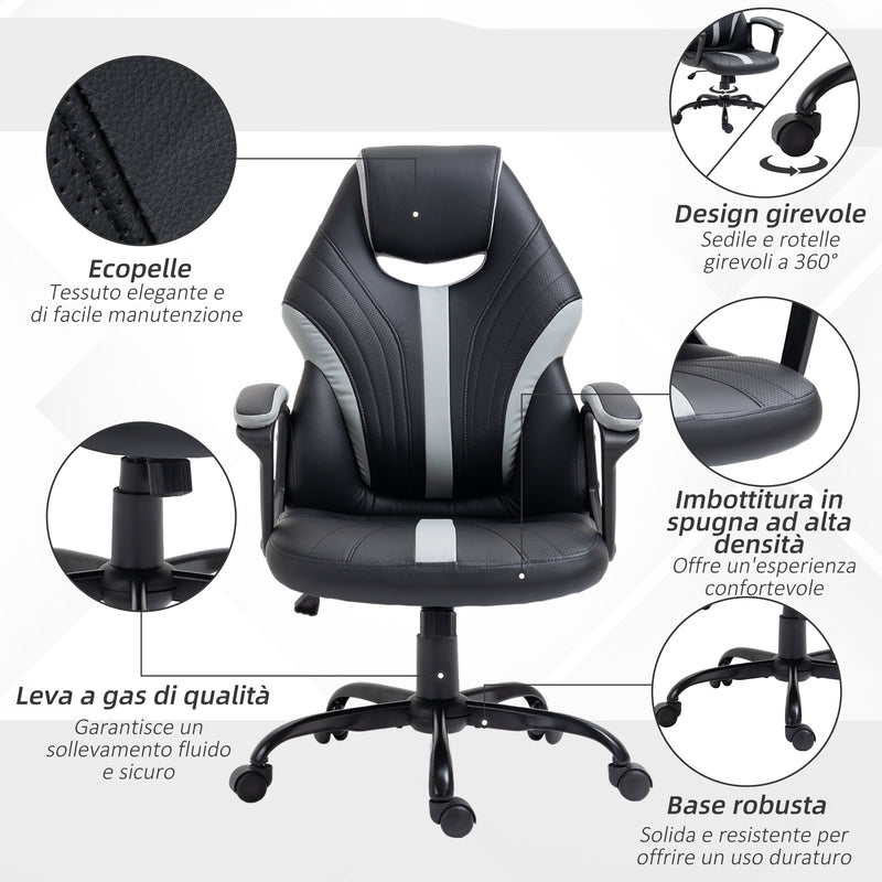 Sedia da Gaming Girevole Reclinabile 63x70x104-112 cm in Similpelle Nero e Grigio-6