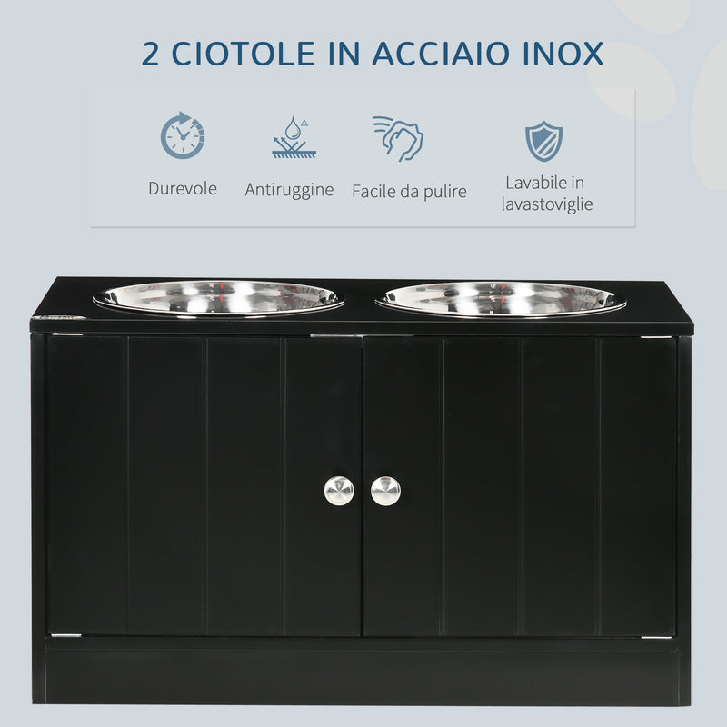 2 Ciotole per Cani Rialzate 60x30x35,5 cm in Acciaio Inox con Vano Contenitore Nero-4