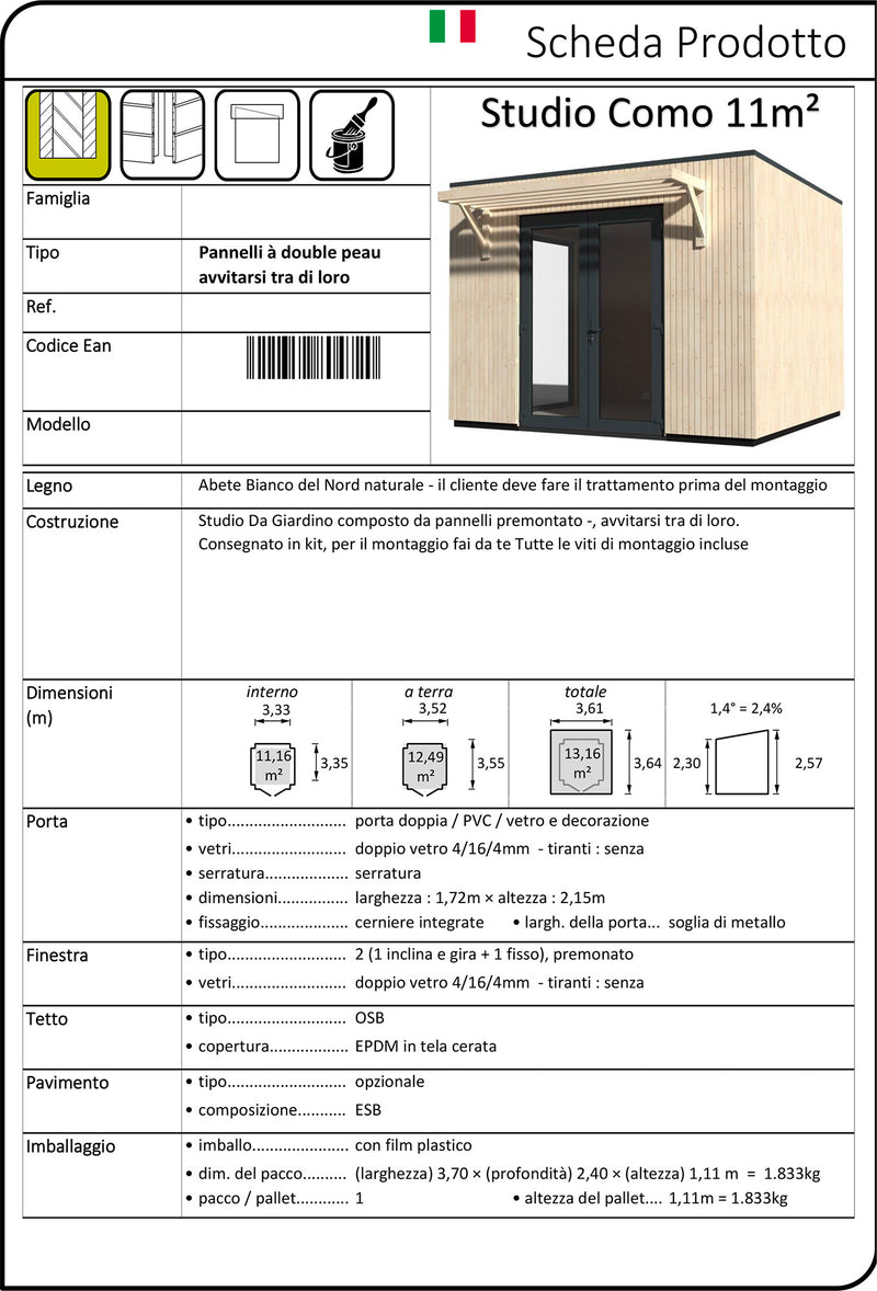 Casetta Abitabile da Giardino 3,61x3,64m Senza Pavimento con Pareti Isolanti Studio Como 11m²-7