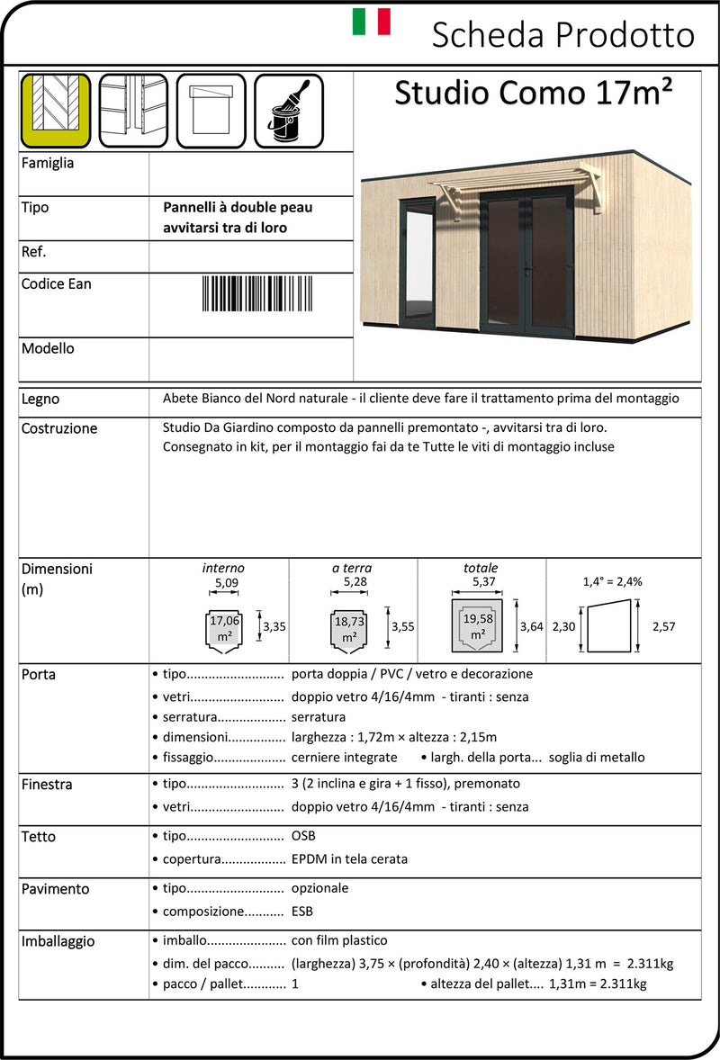 Casetta Abitabile da Giardino 5,37x3,64m Senza Pavimento con Pareti Isolanti Studio Como 17m²-6