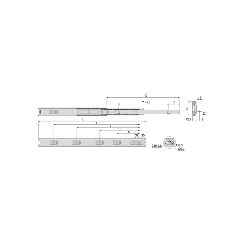 Guide a Sfere per Cassetti con Estrazione Totale con Squadra H45 mm L400 Bianco Acciaio Emuca-2